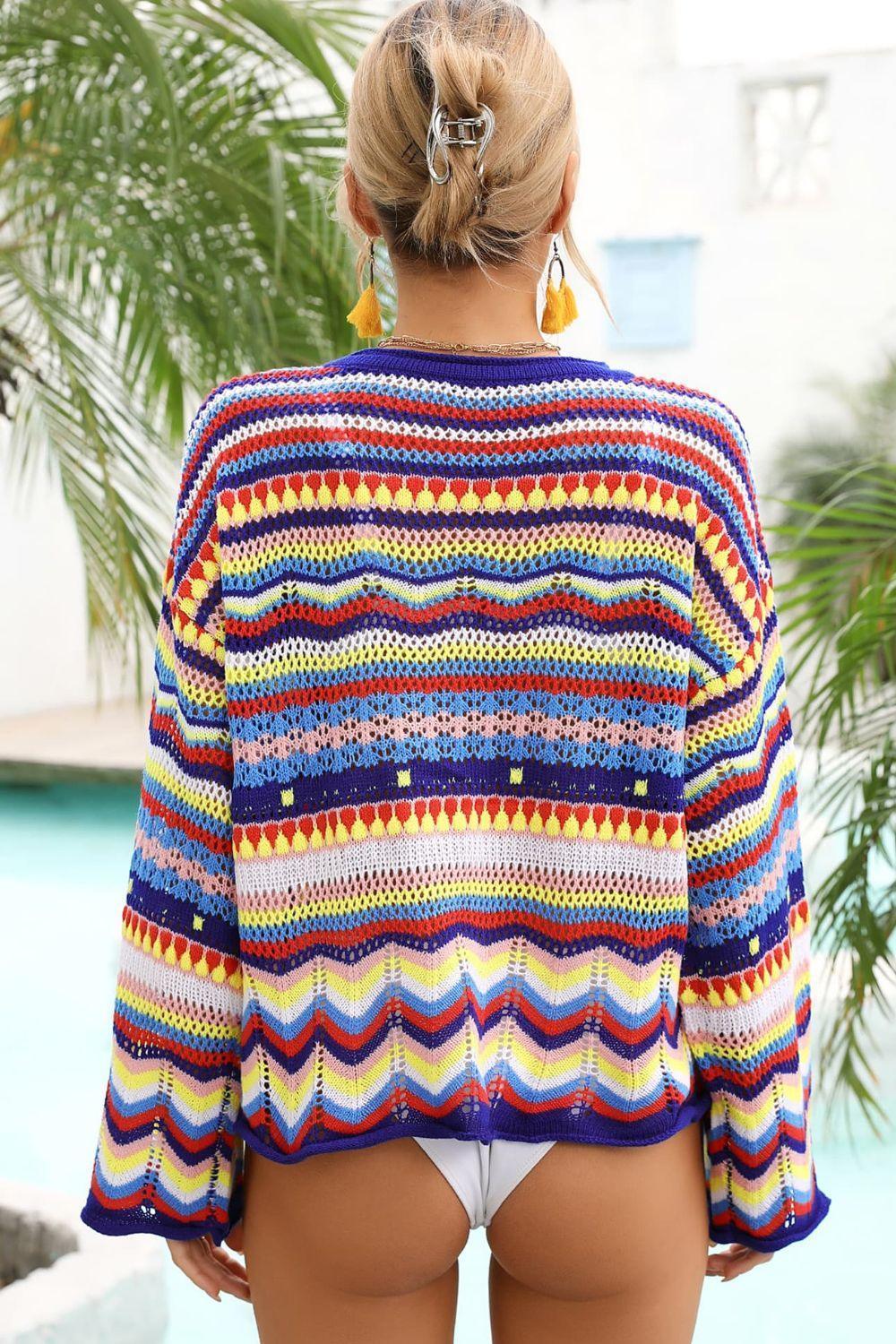 Multicolored Long Sleeves Striped Cover-Up - MXSTUDIO.COM