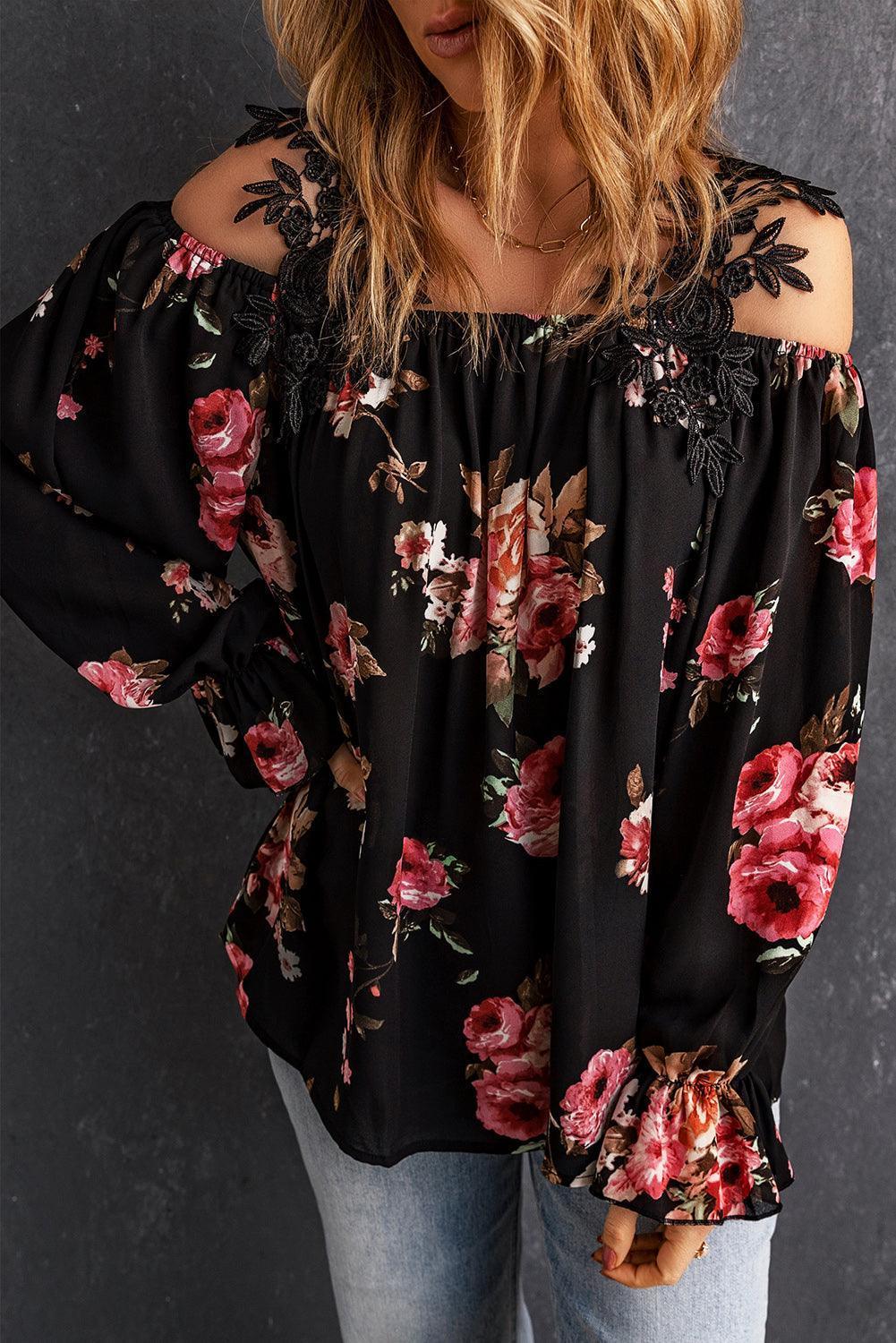 My Life My Rules Cold-Shoulder Black Floral Blouse - MXSTUDIO.COM