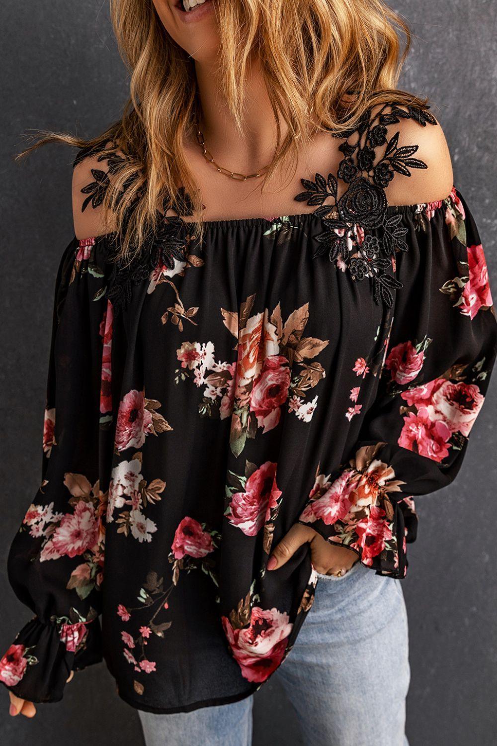 My Life My Rules Cold-Shoulder Black Floral Blouse - MXSTUDIO.COM