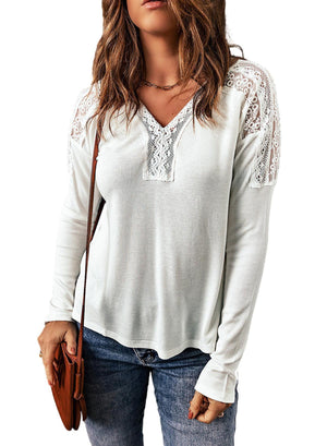 Natural Ribbed Knit Long Sleeve Lace Blouse - MXSTUDIO.COM