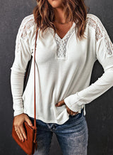 Natural Ribbed Knit Long Sleeve Lace Blouse - MXSTUDIO.COM