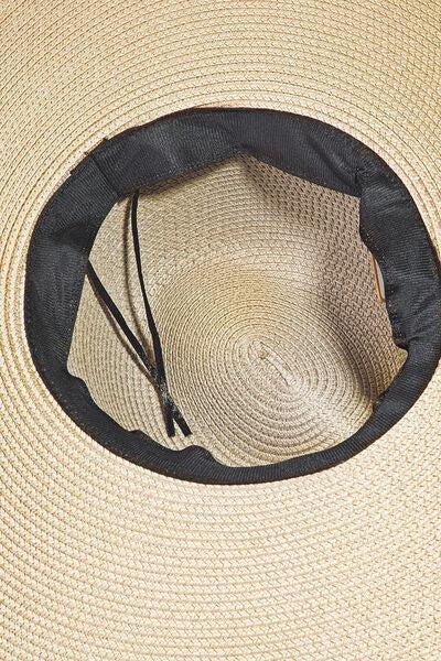 a straw hat with a black band around the brim