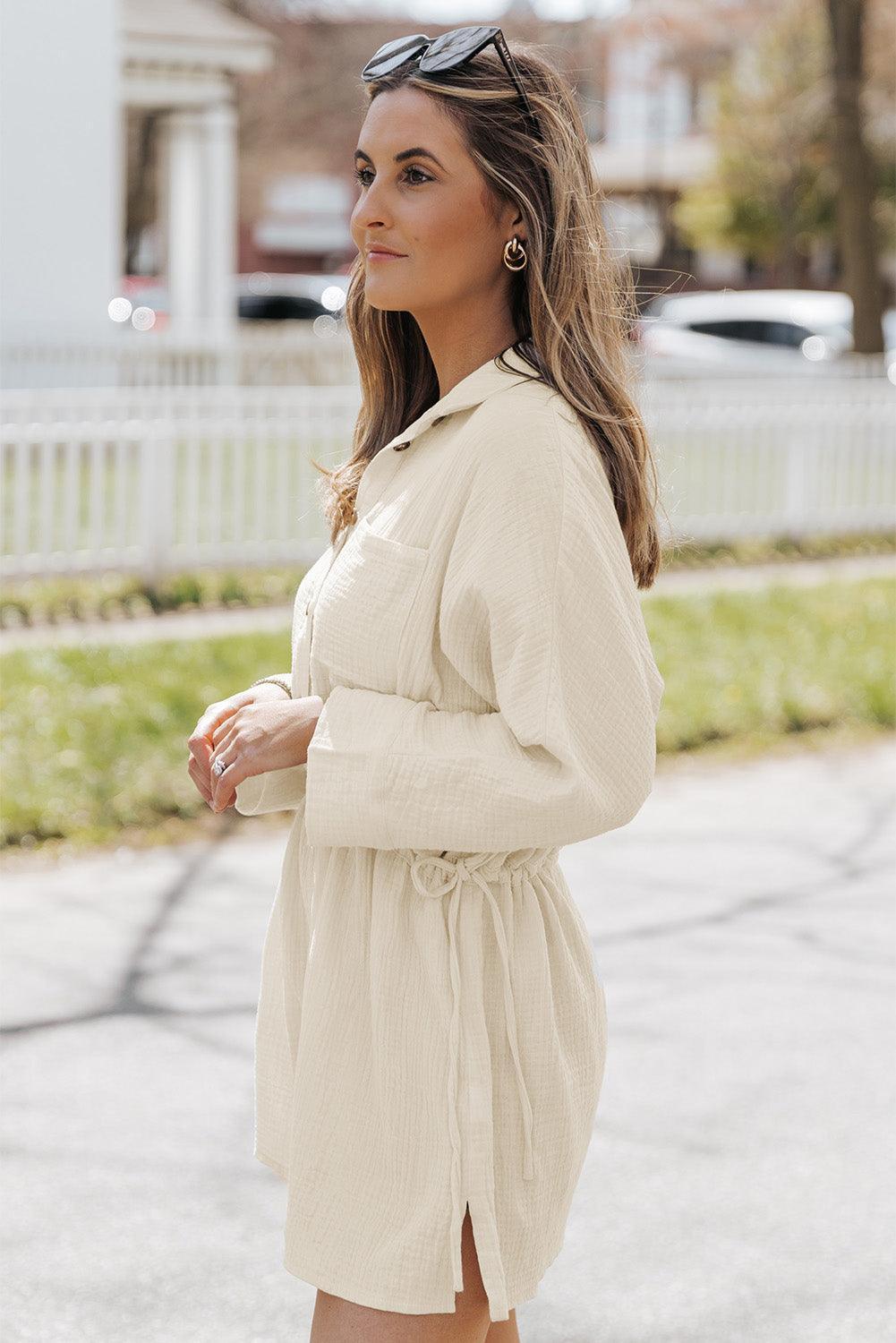 Neutral Tone Buttoned Long Sleeve Collared Mini Dress - MXSTUDIO.COM