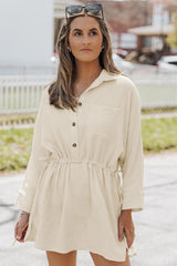 Neutral Tone Buttoned Long Sleeve Collared Mini Dress - MXSTUDIO.COM