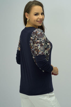 Never Basic Shoulder Print Navy Long Sleeve Top - MXSTUDIO.COM