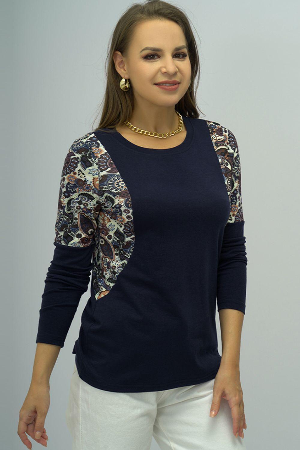 Never Basic Shoulder Print Navy Long Sleeve Top - MXSTUDIO.COM