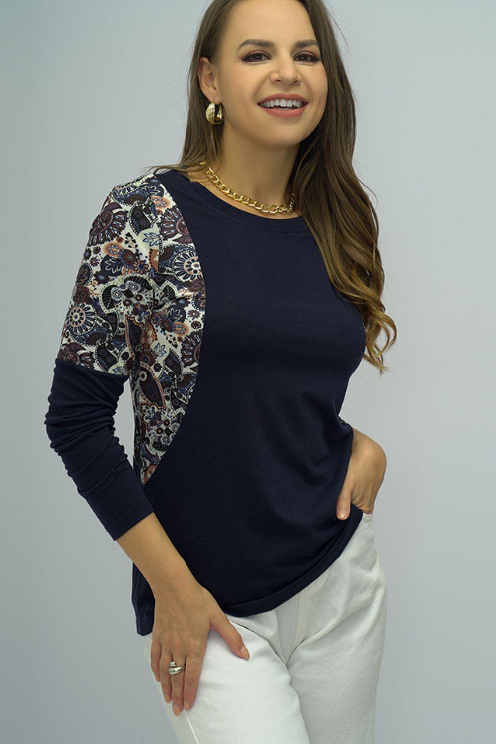 Never Basic Shoulder Print Navy Long Sleeve Top - MXSTUDIO.COM