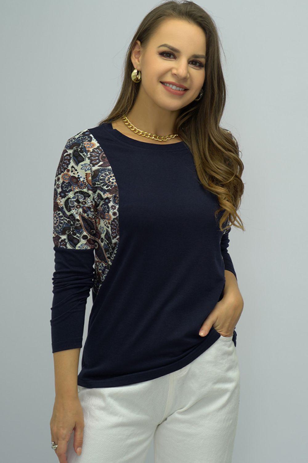 Never Basic Shoulder Print Navy Long Sleeve Top - MXSTUDIO.COM