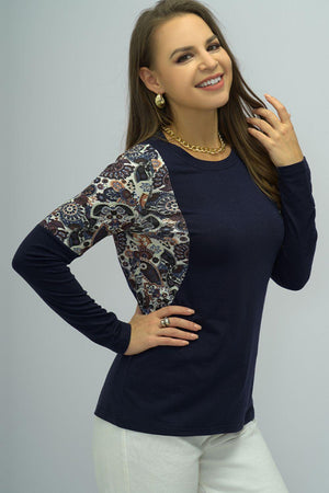 Never Basic Shoulder Print Navy Long Sleeve Top - MXSTUDIO.COM