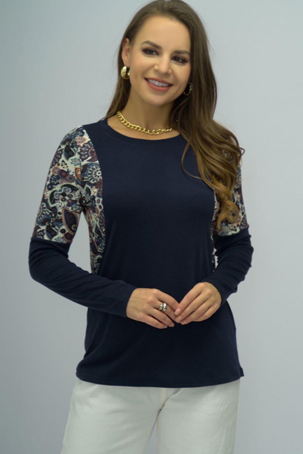 Never Basic Shoulder Print Navy Long Sleeve Top - MXSTUDIO.COM