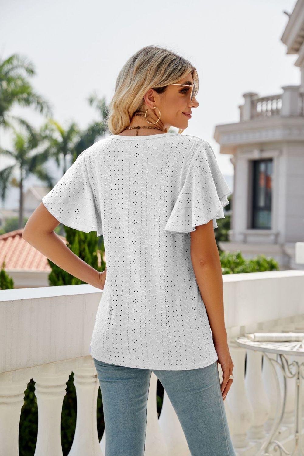 New Me Eyelet Crewneck Flutter Sleeve Blouse - MXSTUDIO.COM