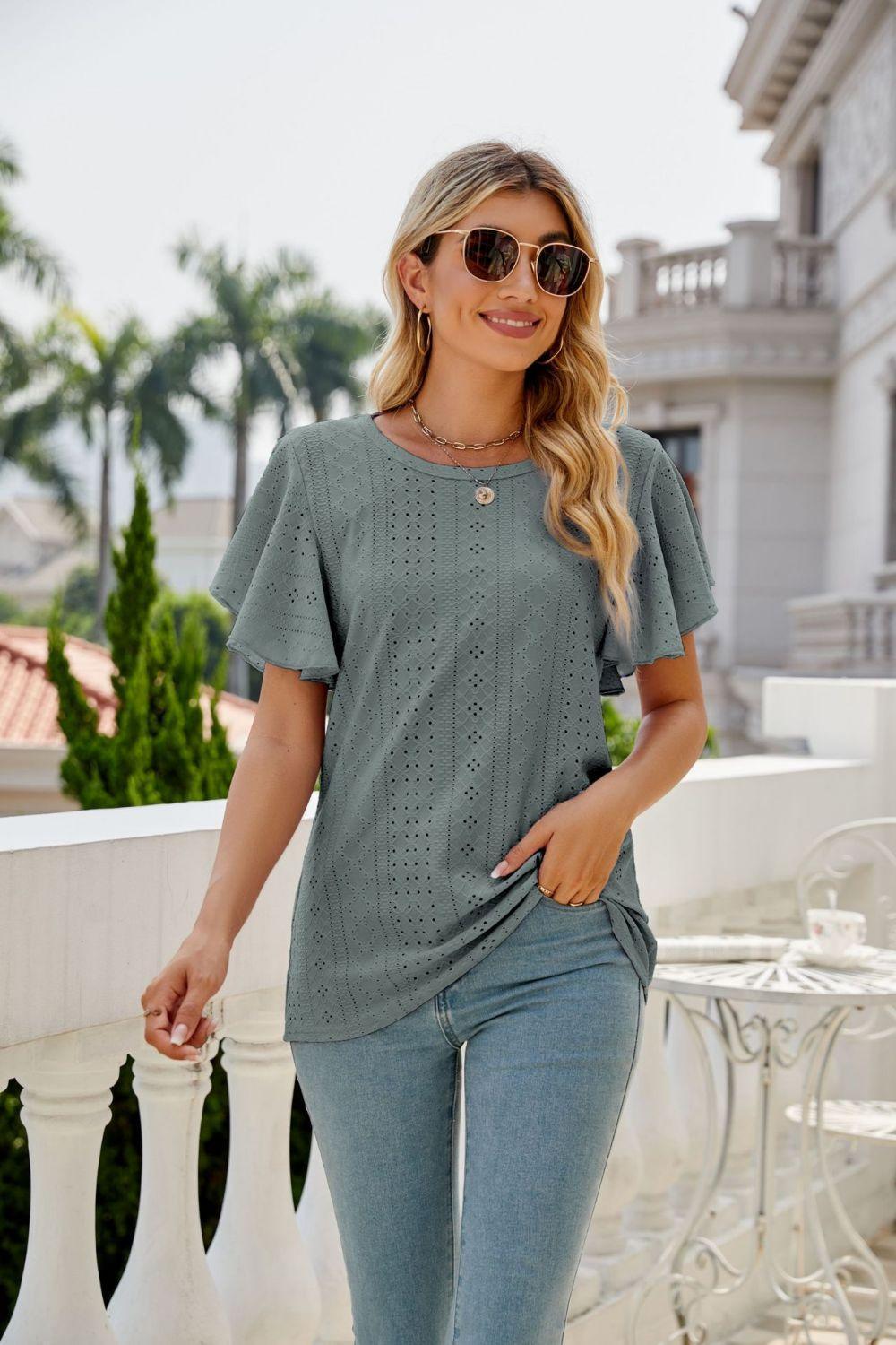 New Me Eyelet Crewneck Flutter Sleeve Blouse - MXSTUDIO.COM