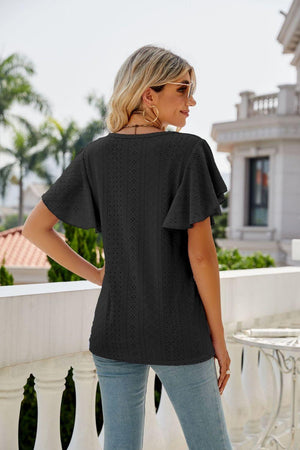 New Me Eyelet Crewneck Flutter Sleeve Blouse - MXSTUDIO.COM