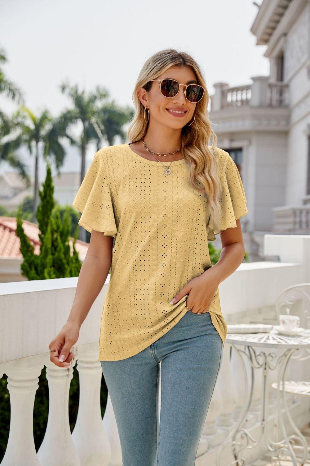 New Me Eyelet Crewneck Flutter Sleeve Blouse - MXSTUDIO.COM