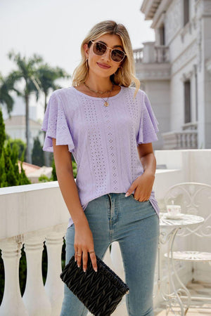 New Me Eyelet Crewneck Flutter Sleeve Blouse - MXSTUDIO.COM