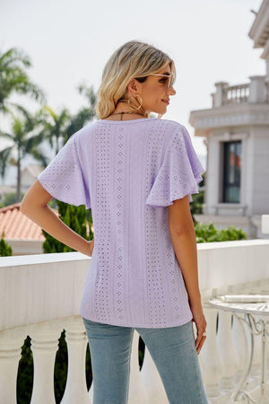 New Me Eyelet Crewneck Flutter Sleeve Blouse - MXSTUDIO.COM