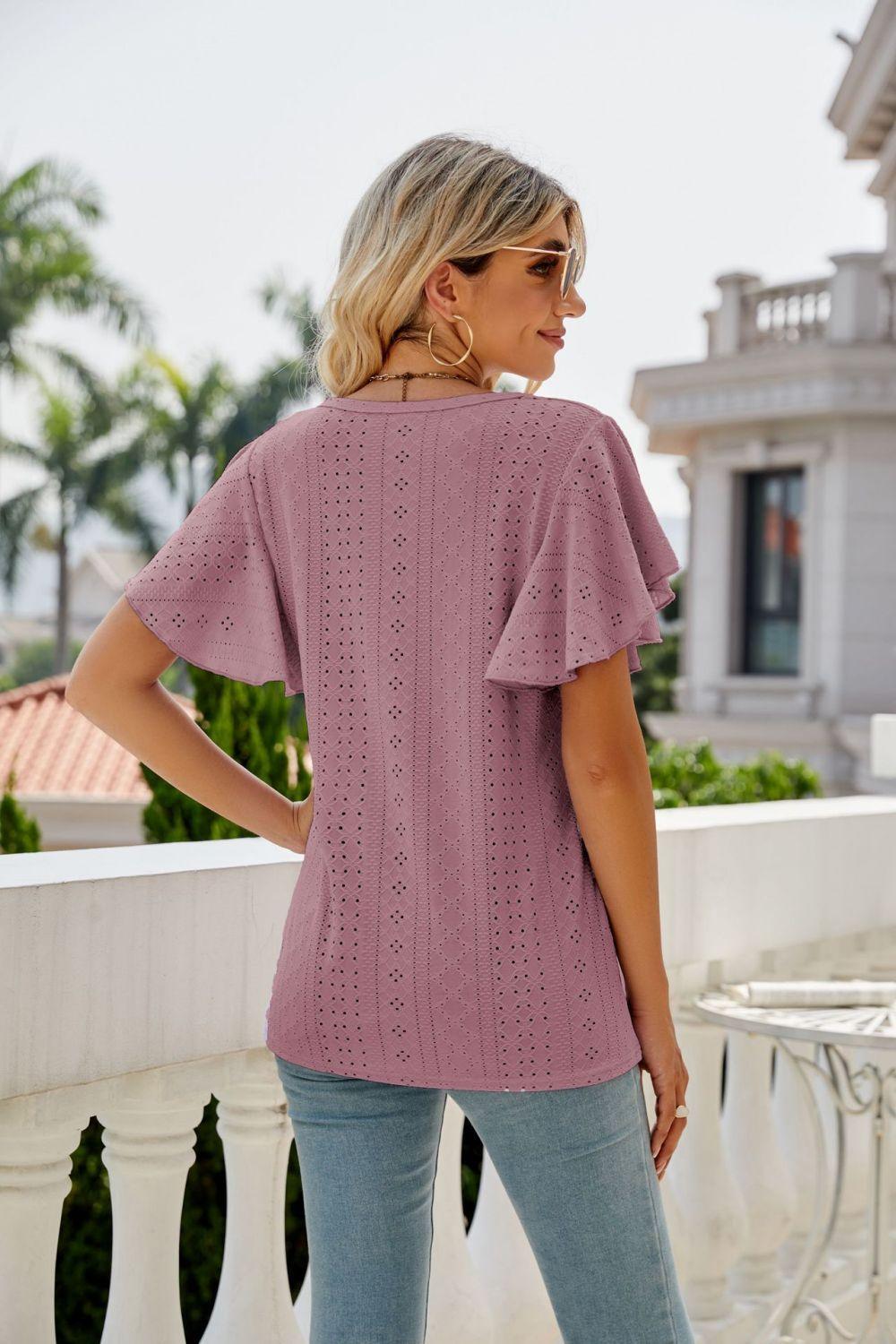 New Me Eyelet Crewneck Flutter Sleeve Blouse - MXSTUDIO.COM