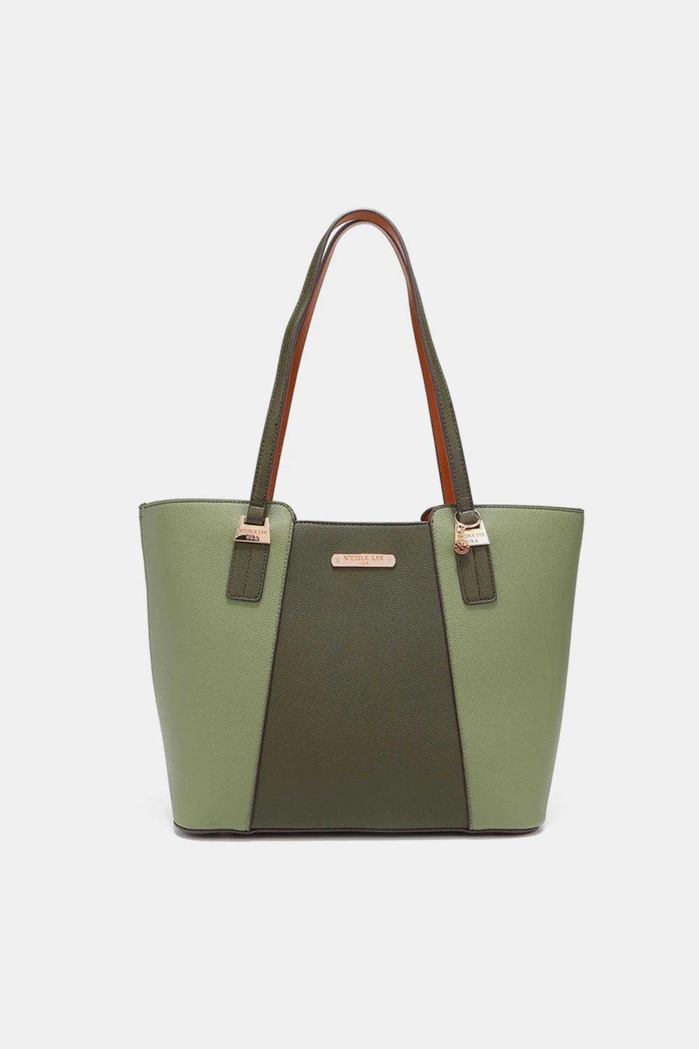 a green and brown handbag on a white background