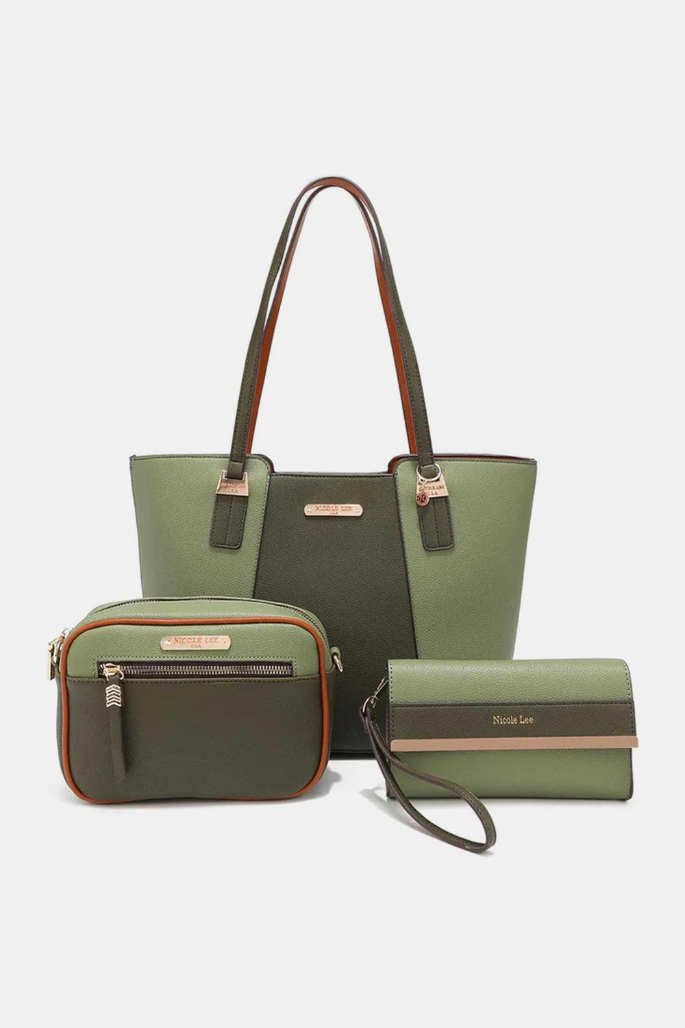 three pieces of green and brown purses