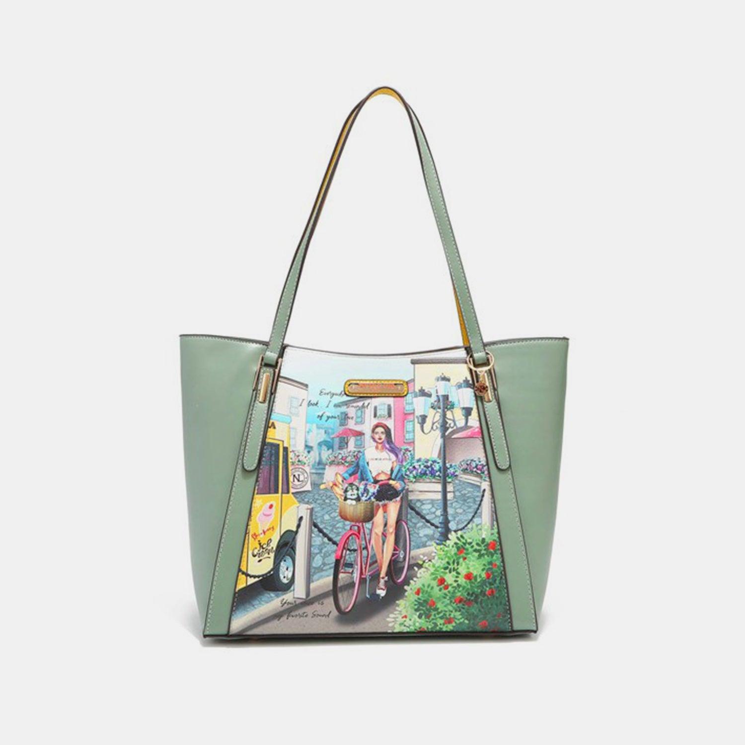 a handbag with a painting of a woman riding a bike