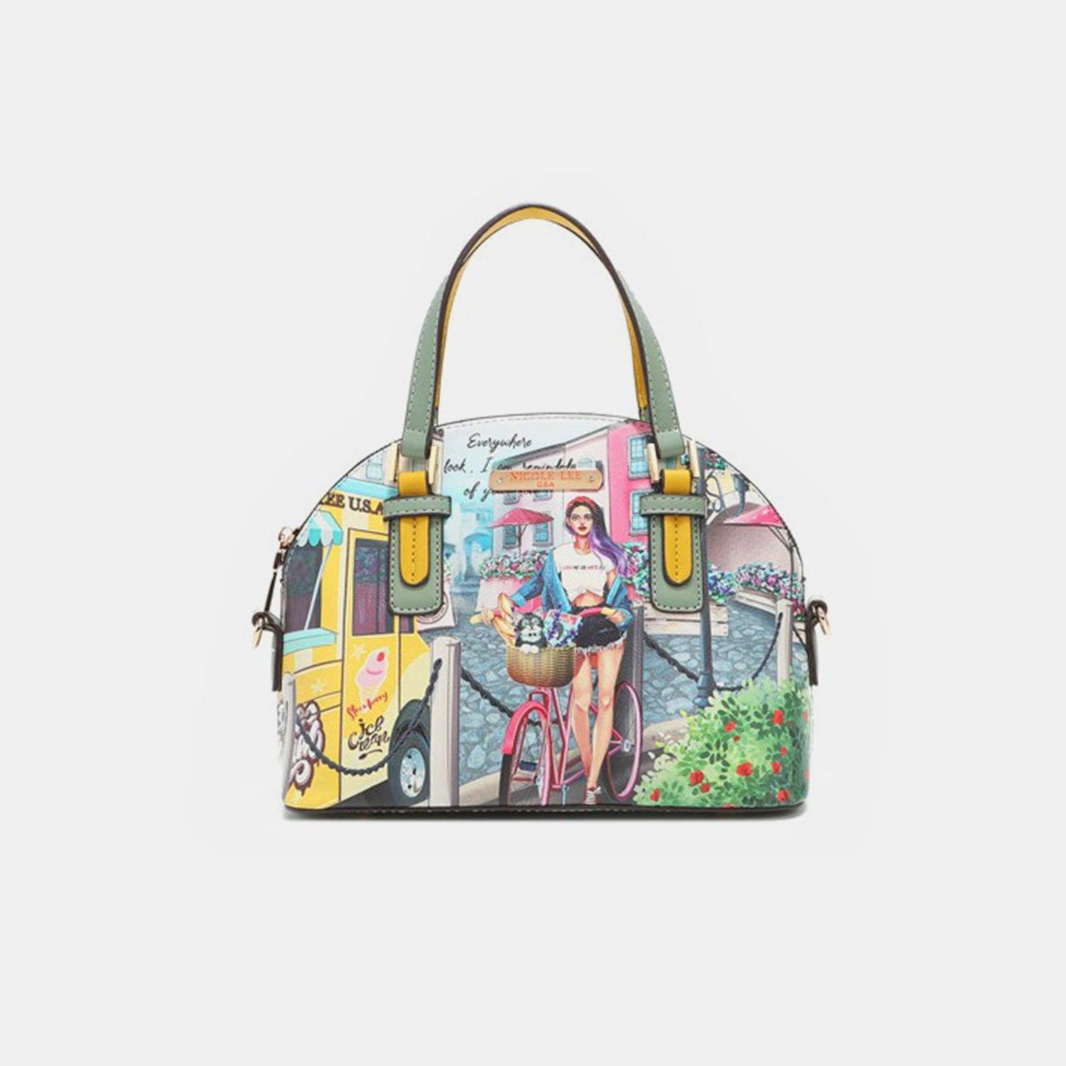 a handbag with a picture of a woman on a bike