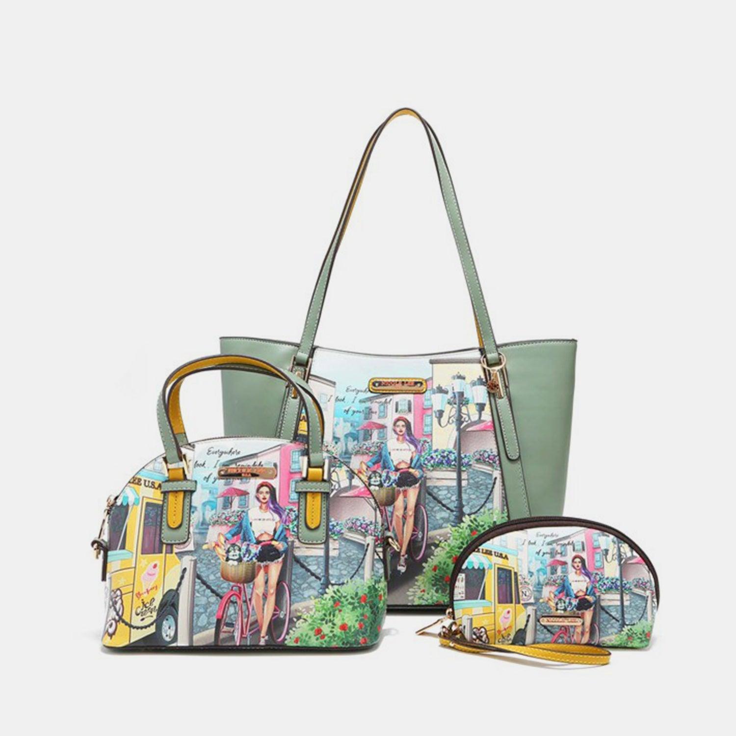 two purses and a handbag with a picture of a woman