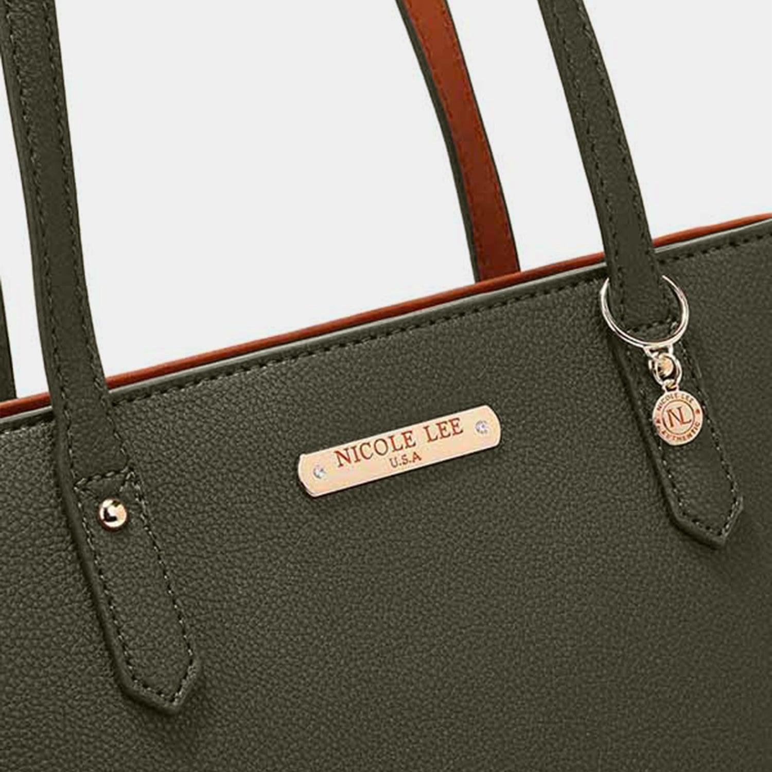 a close up of a purse with a name tag