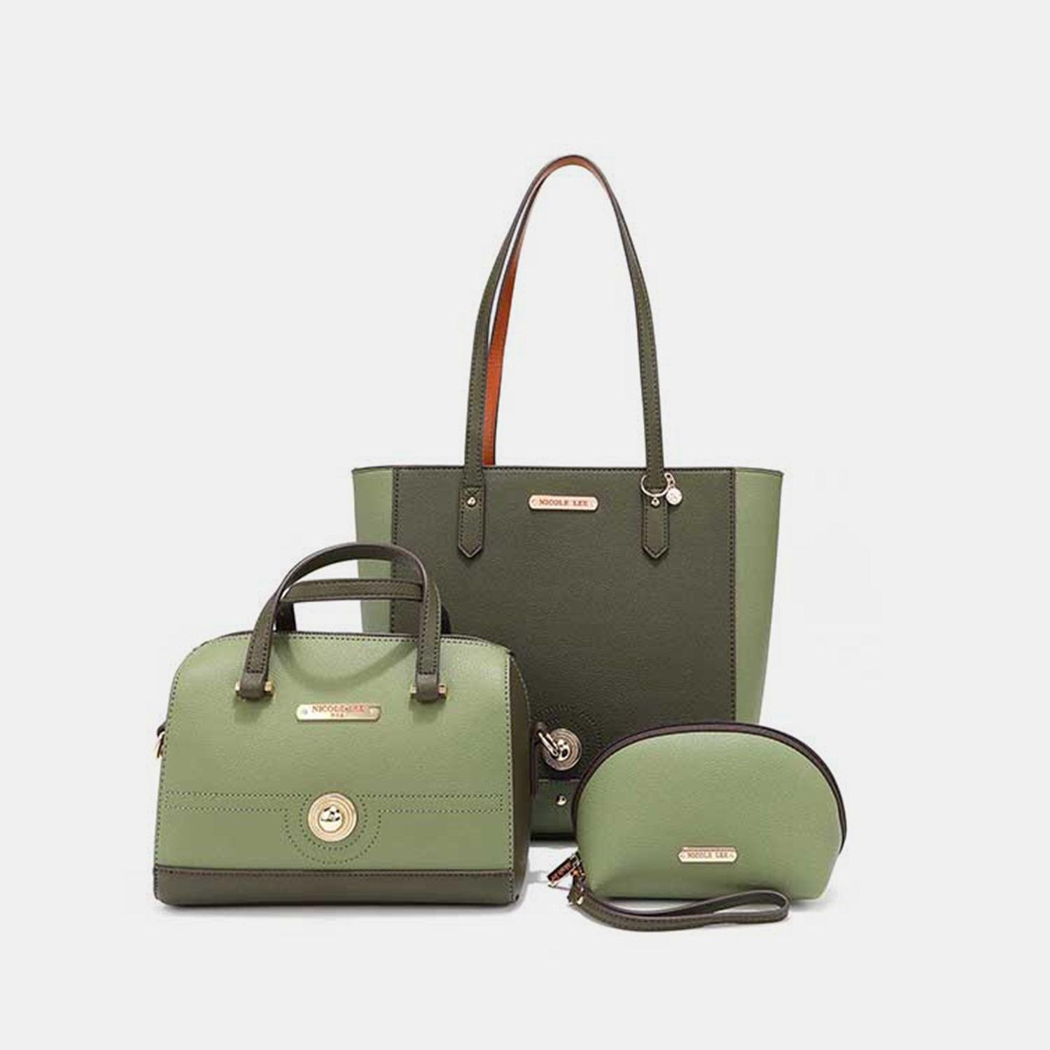 three pieces of green and brown purses