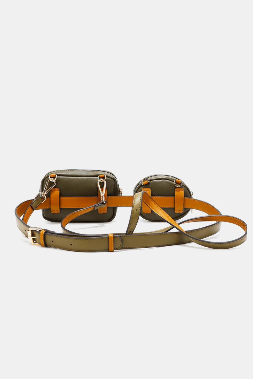 a brown and orange belted bag on a white background
