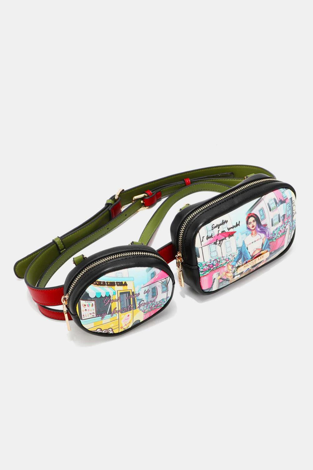 a pair of fanny bags with a picture of a bus