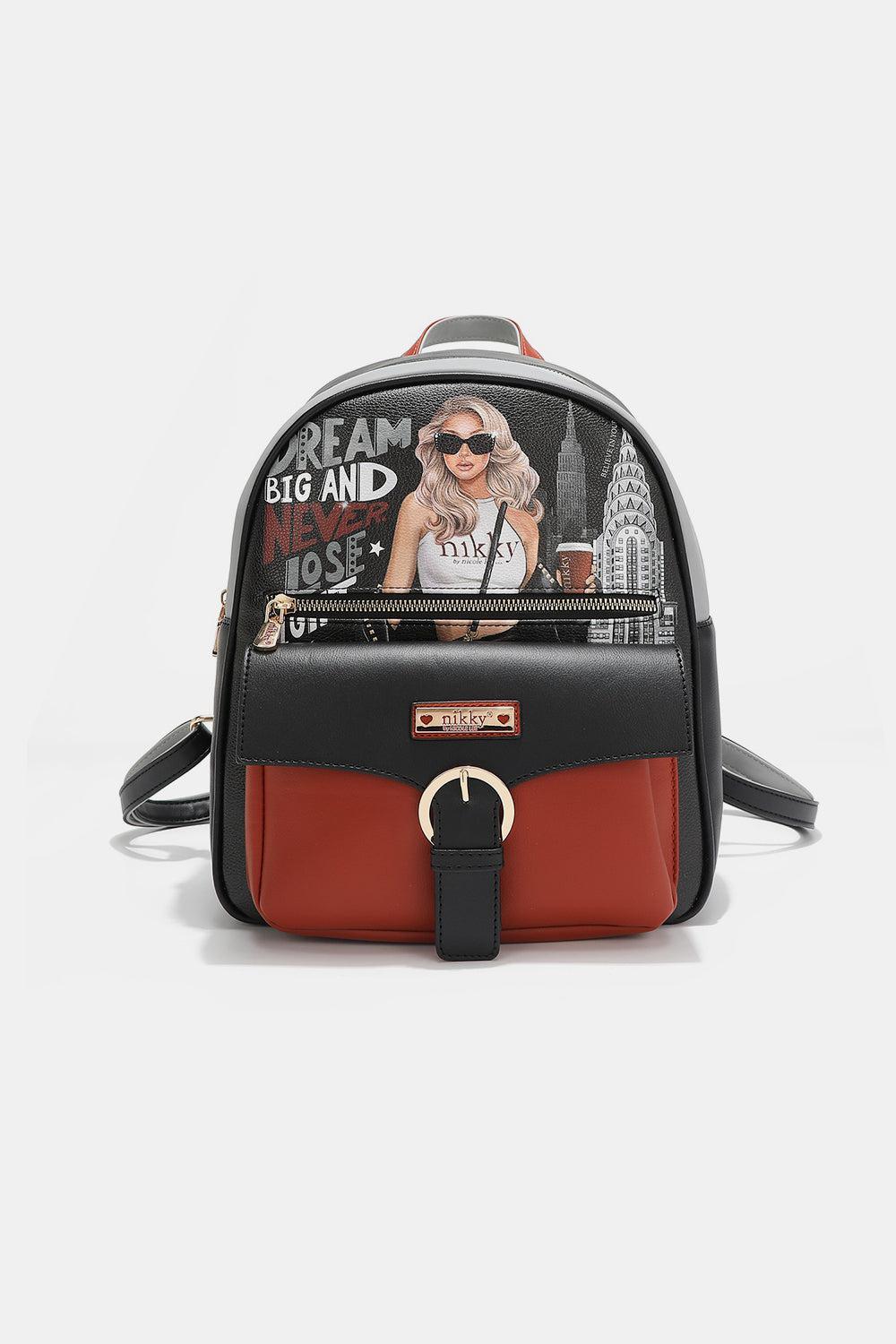 a black and red backpack with a picture of a woman on it