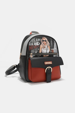 a black and red backpack with a picture of a woman on it