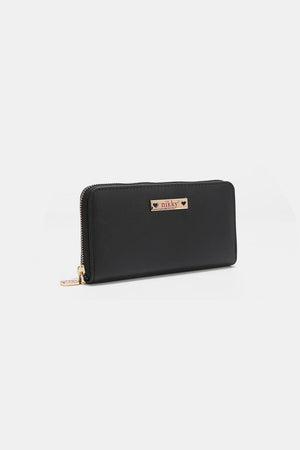 a black wallet with a gold zipper