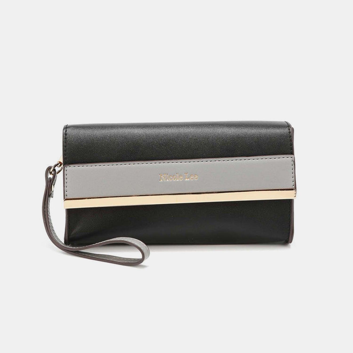 a black and grey wallet with a gold stripe