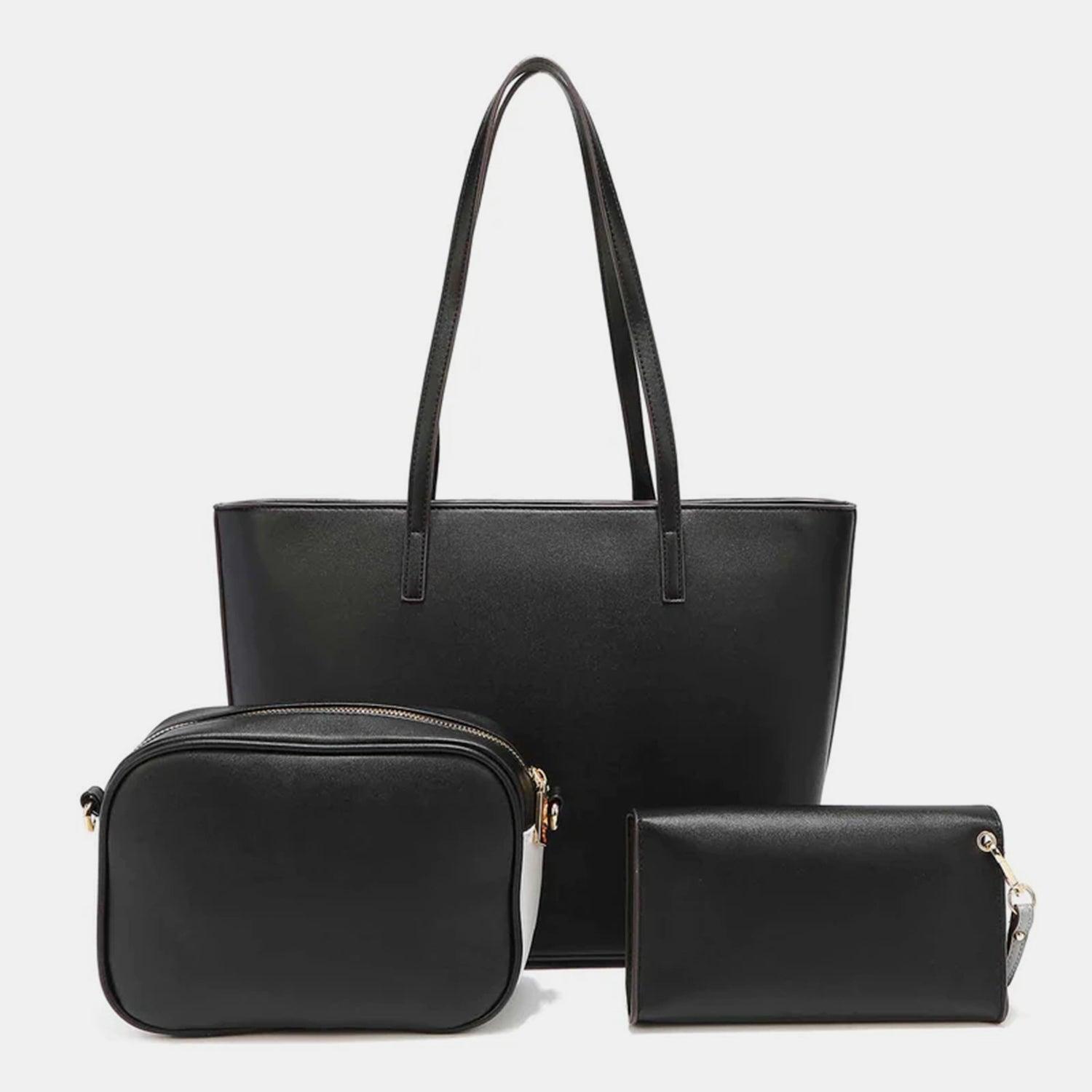 three pieces of black leather bags