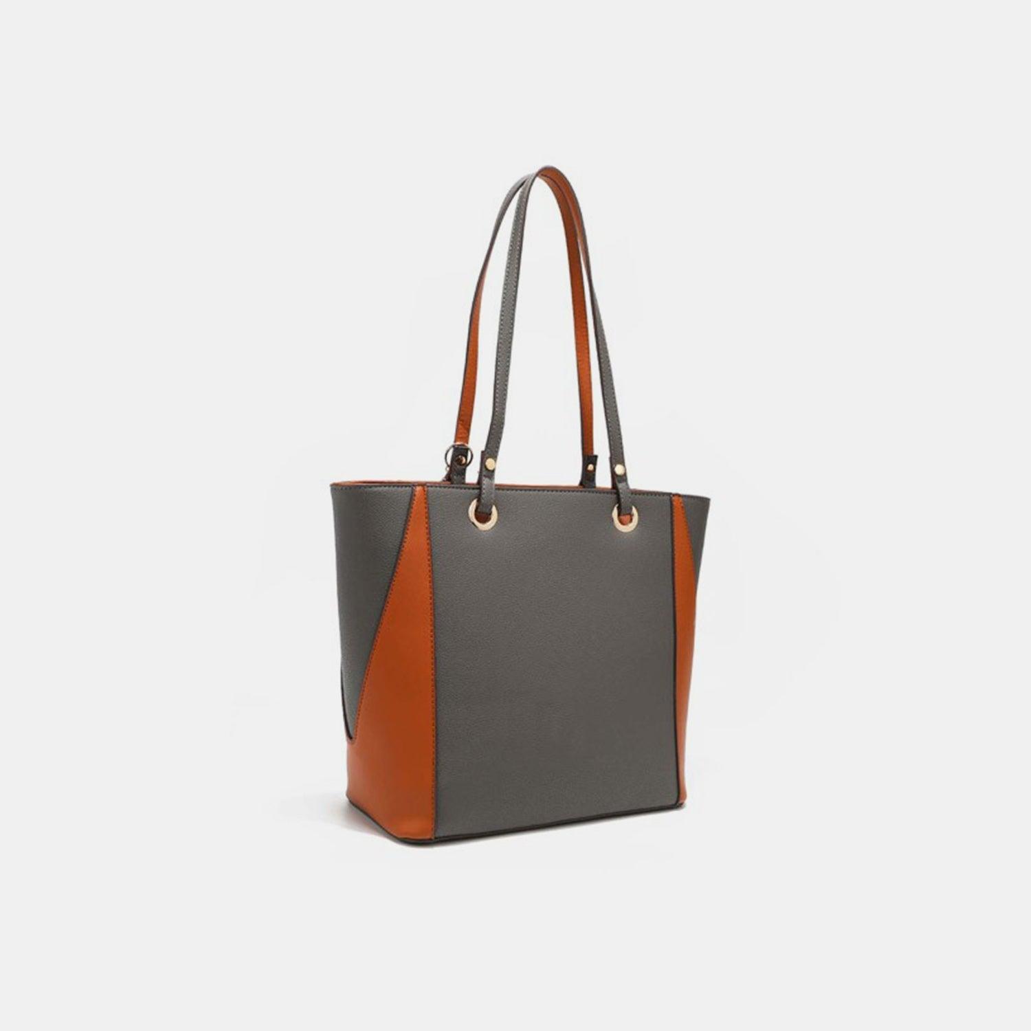 a grey and orange tote bag on a white background