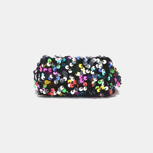a black purse with multicolored flowers on it