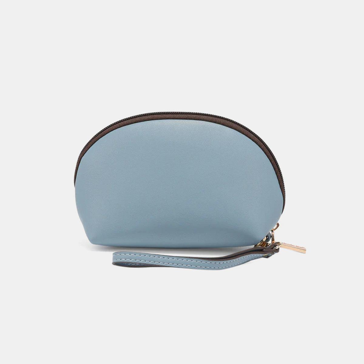 a small blue purse with a zipper