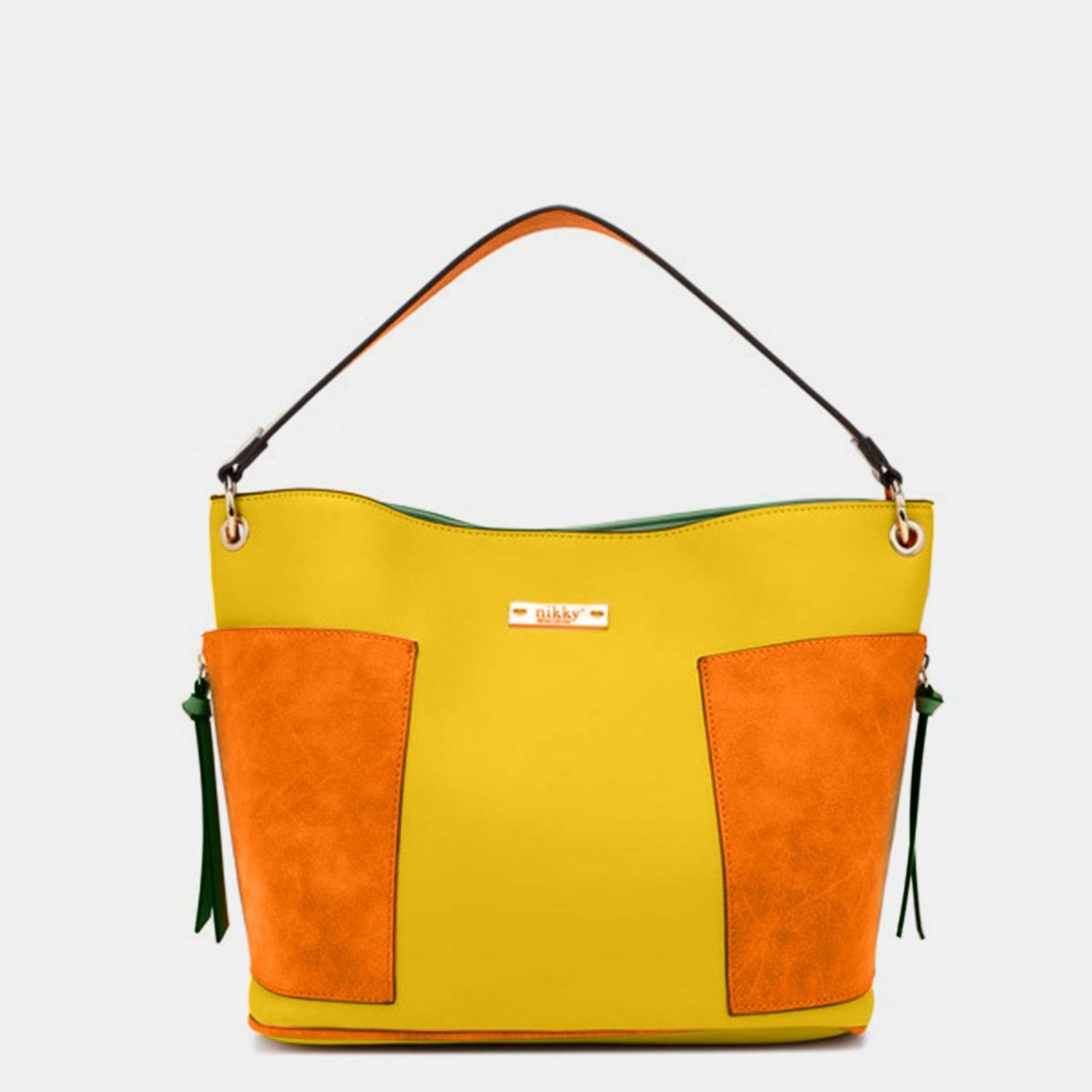 a yellow and orange purse with a handle