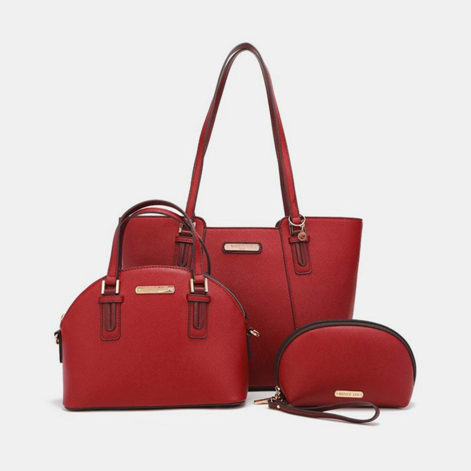 three pieces of red handbag with matching purse