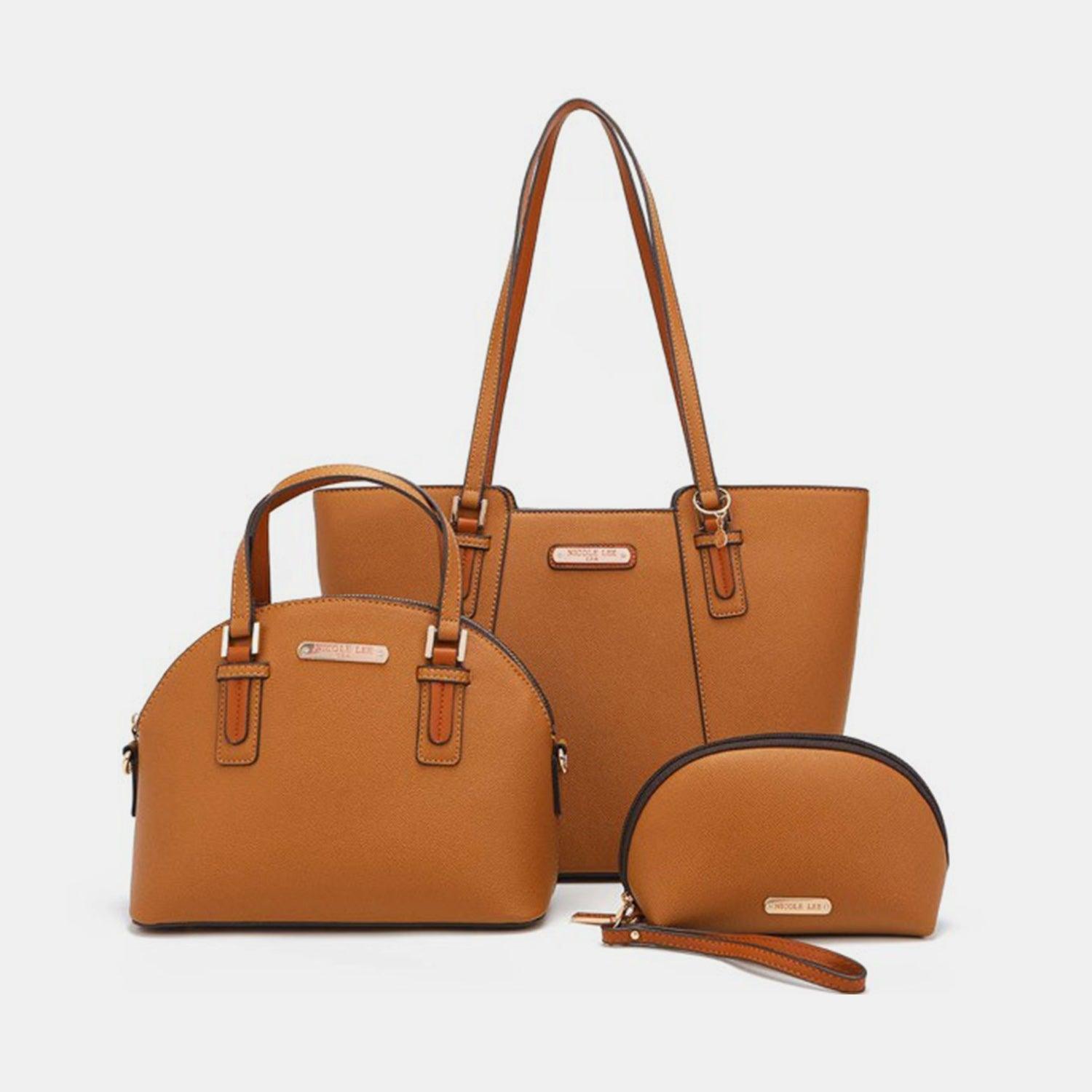 three pieces of brown leather bags with matching purses