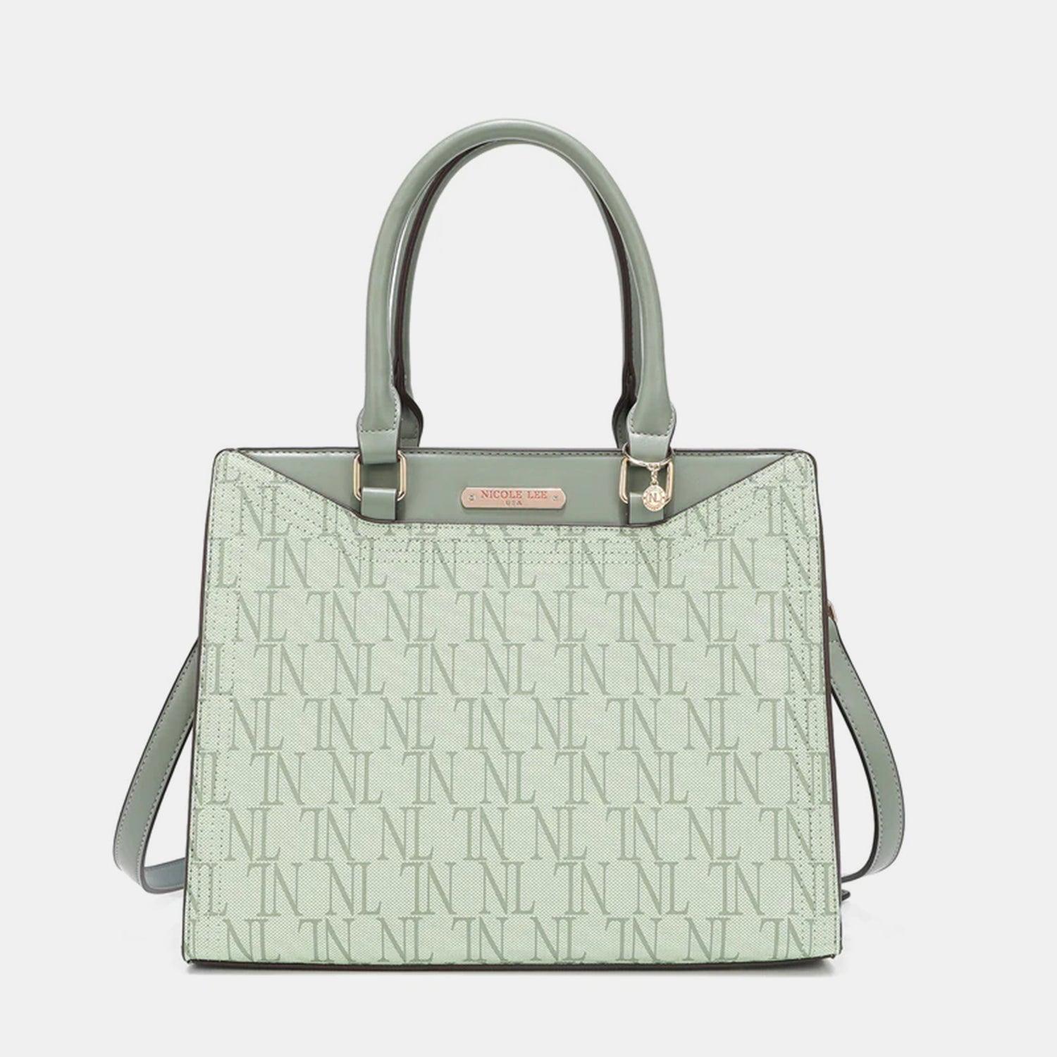 a green handbag with a logo on it