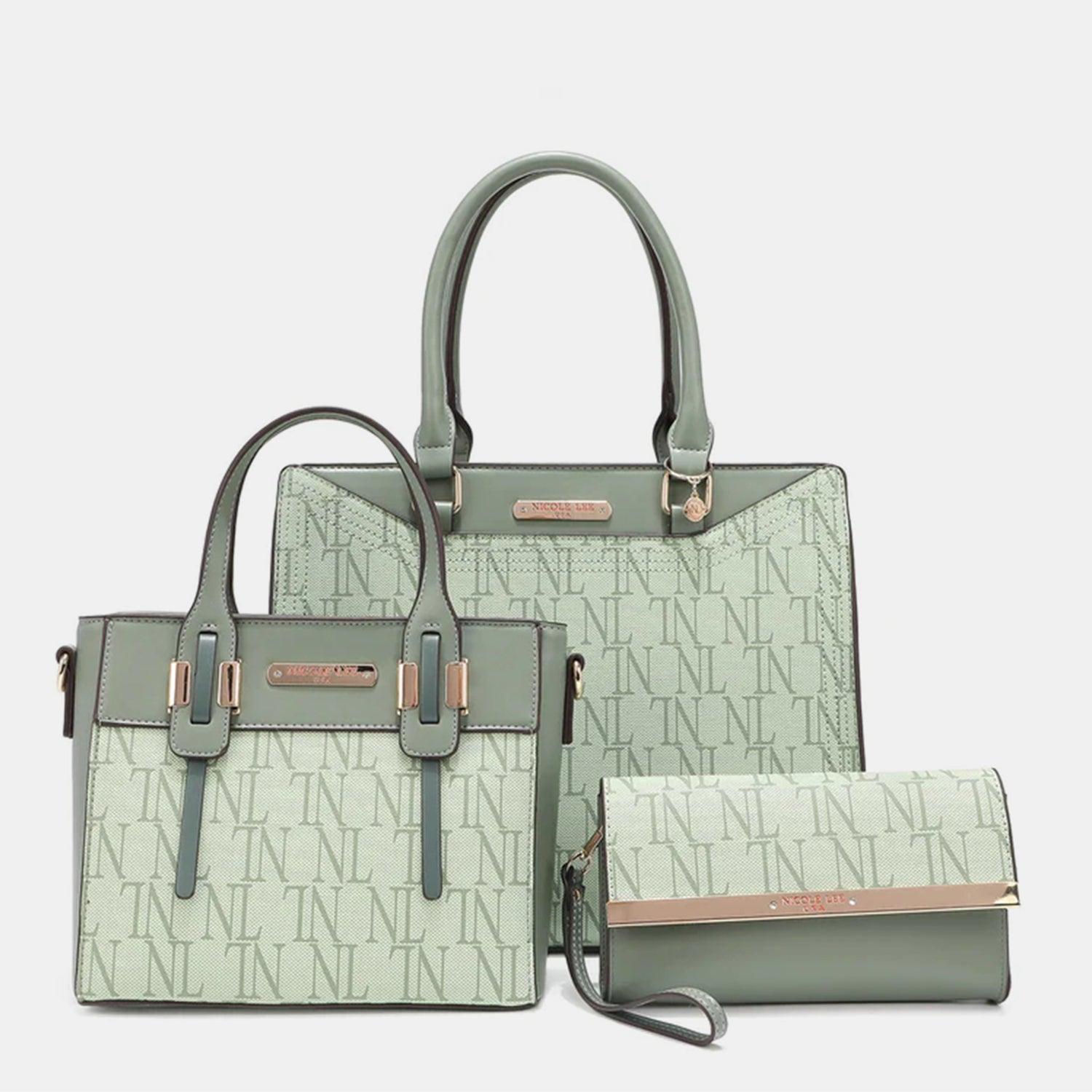 a green and white handbag and wallet