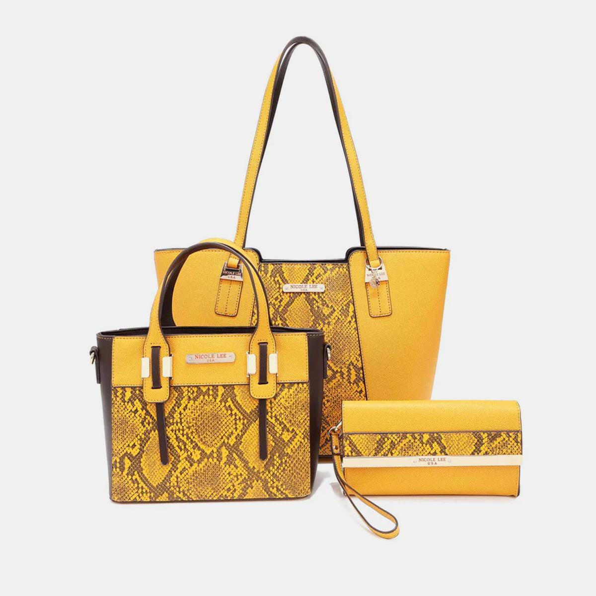 a yellow snake skin purse and matching handbag