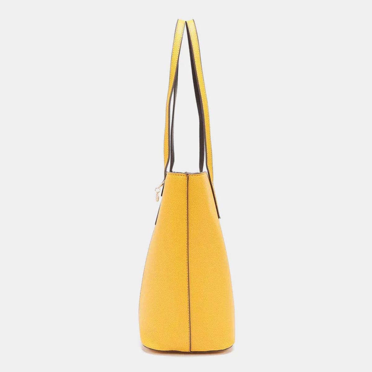 a yellow handbag on a white background