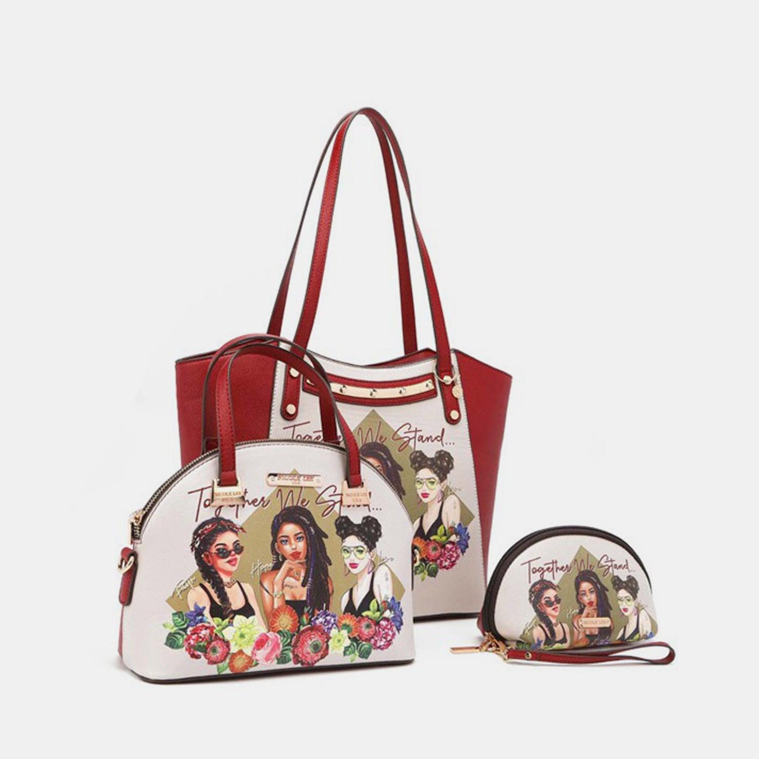a woman's handbag and purse with a picture of a woman on it