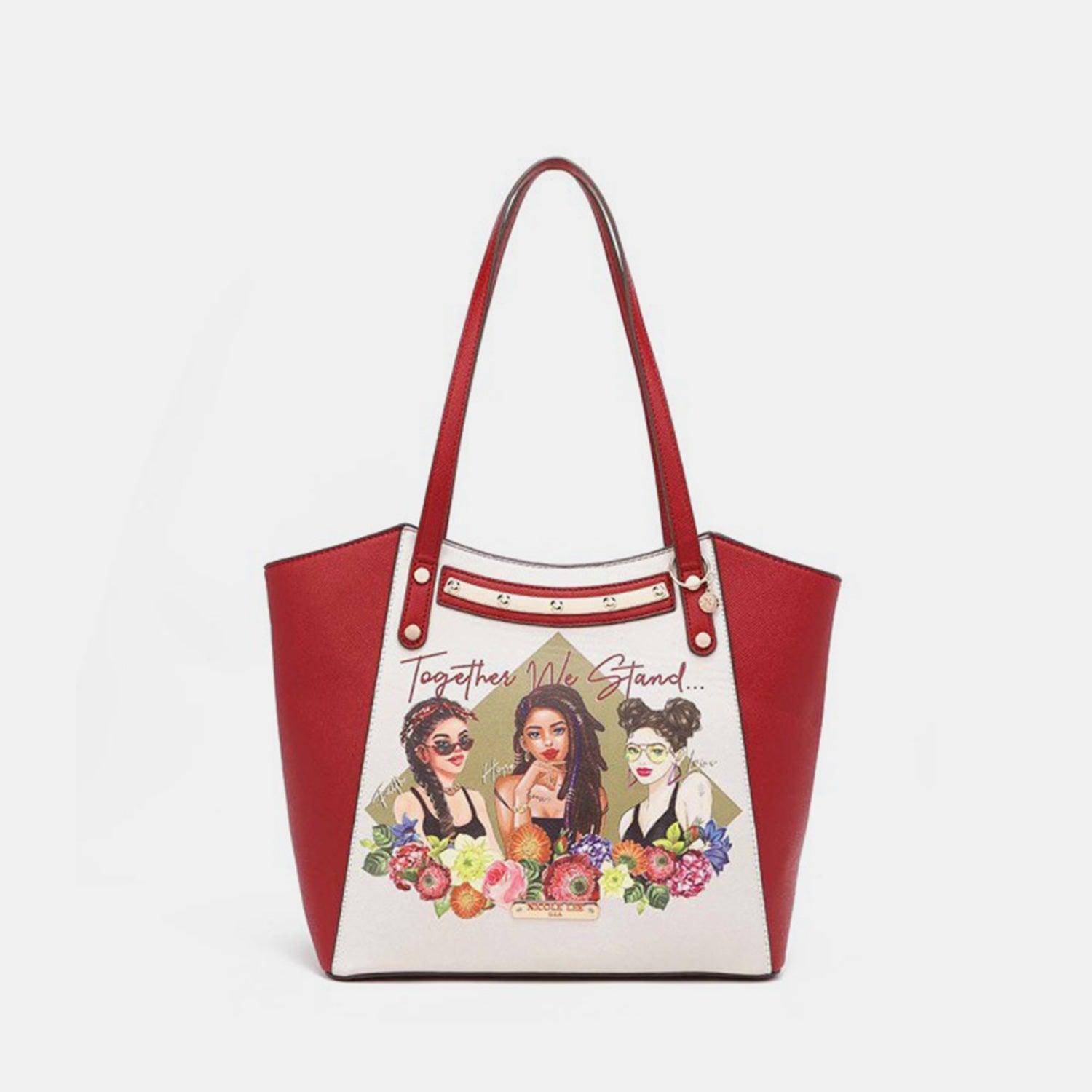 a red and white handbag with a picture of a woman