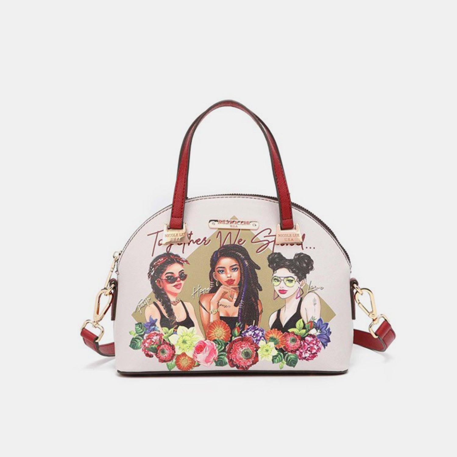 a handbag with a picture of two women on it