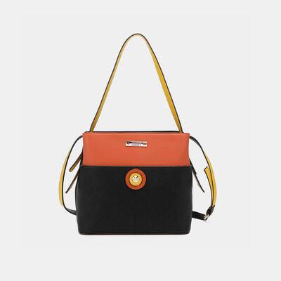 a black and orange purse with a yellow handle