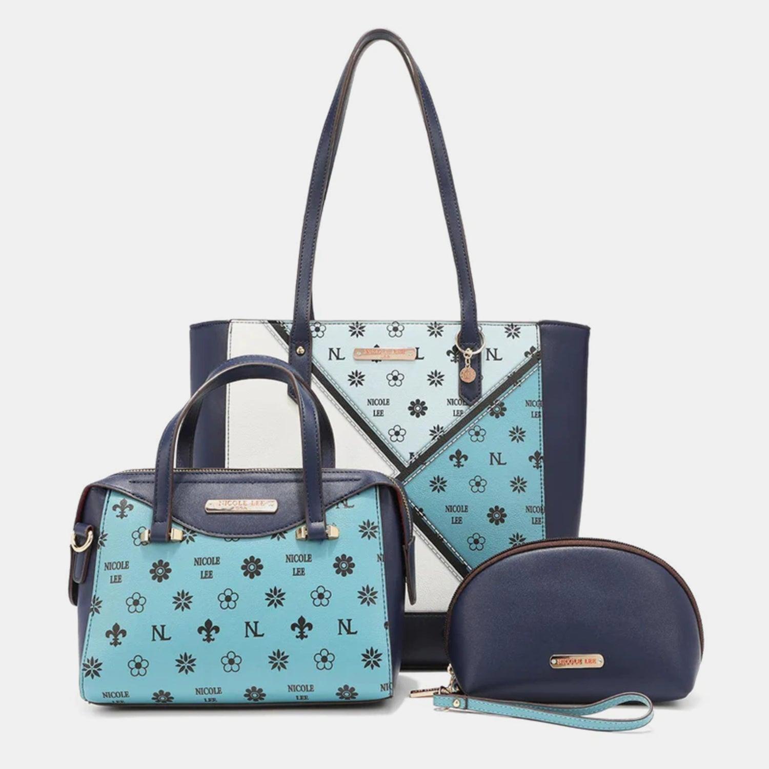 three pieces of blue and white purses
